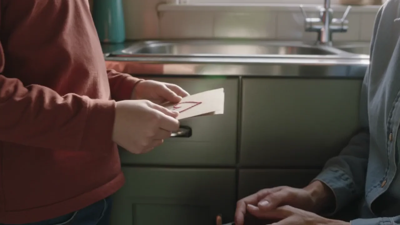 A child offering a handmade card to their mother